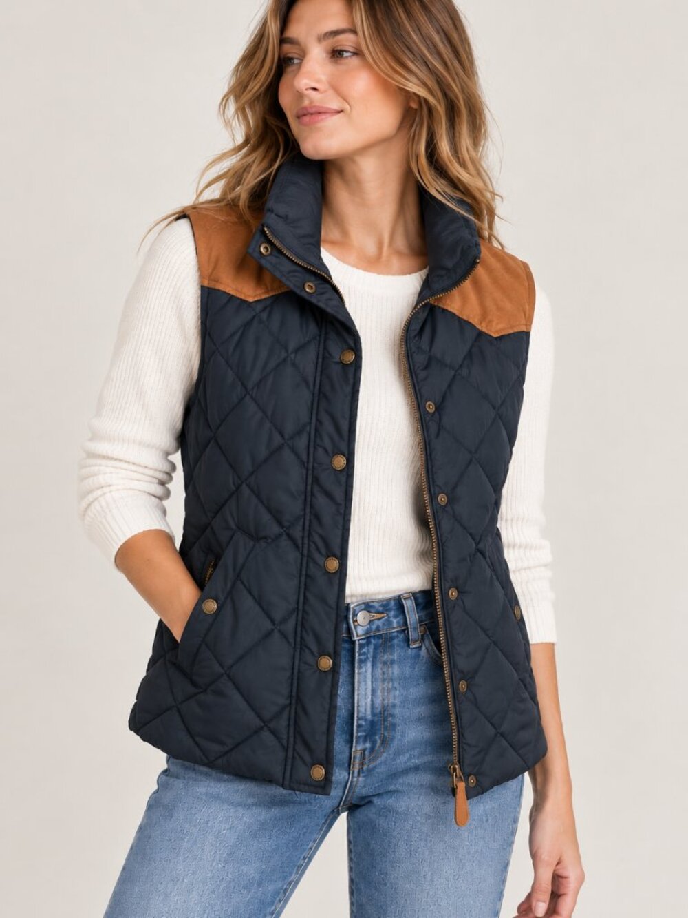 H&M L.O.G.G. Quilted Puffer Vest Navy Brown Plaid Size 8